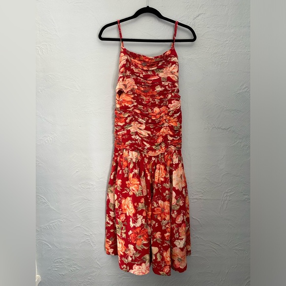 Posse Red Floral Raquel Linen-Blend Midi Dress - Picture 2 of 8